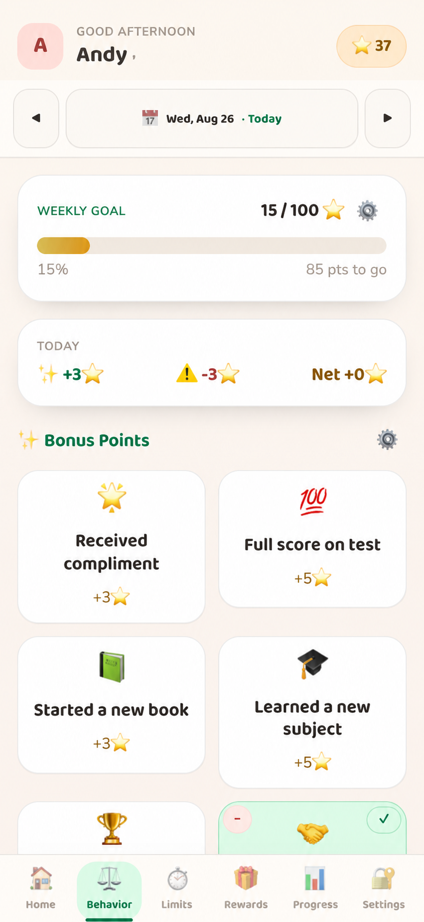 StarKeeper Behavior with bonus points, consequences and daily point totals