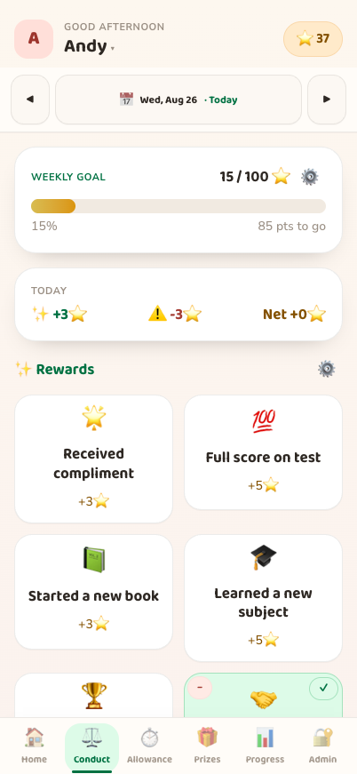 Conducta de StarKeeper con recompensas, consecuencias y totales diarios