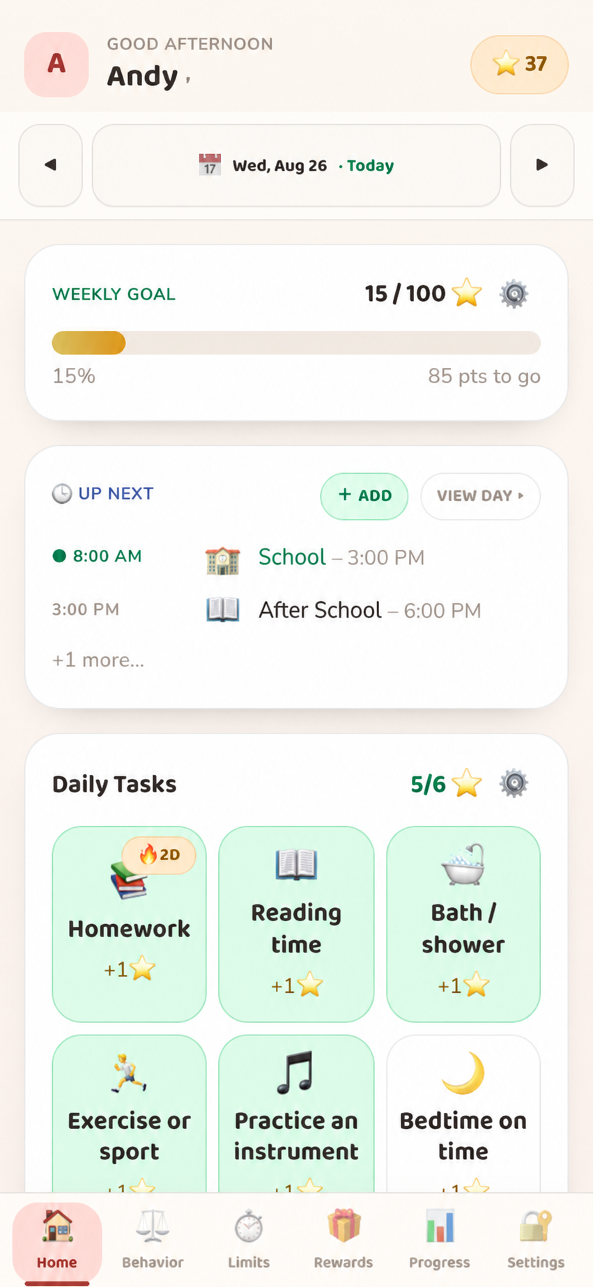 StarKeeper Home with a weekly goal, upcoming schedule and daily task cards