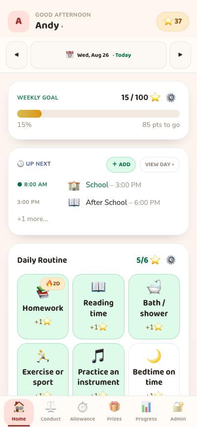 Inicio de StarKeeper con meta semanal, horario y tarjetas de rutinas