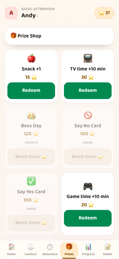 Tienda de StarKeeper con premios elegidos por los padres y precios en puntos