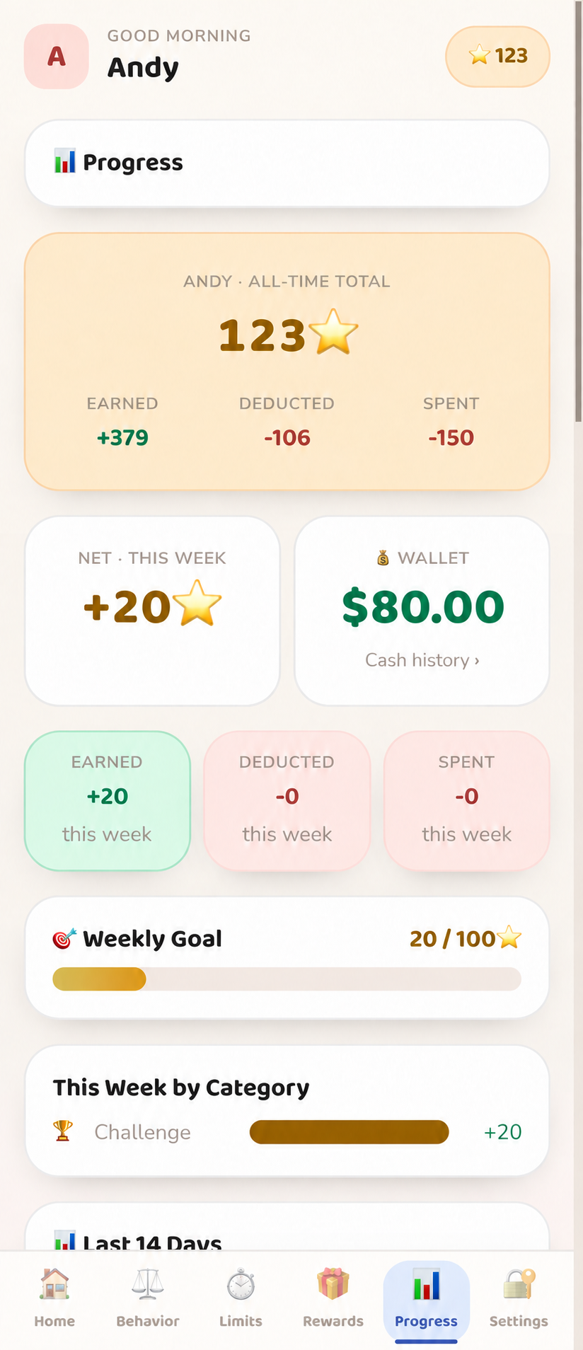 StarKeeper Progress with lifetime points, weekly totals, cash wallet and weekly goal