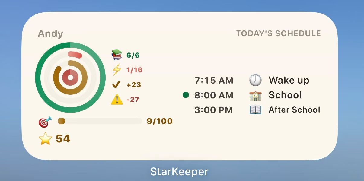 StarKeeper iPhone widget showing today’s schedule, routine progress and weekly goal